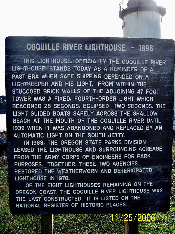 Oregon / Coquille River Lighthouse - plate
Author of the photo: [url=https://www.flickr.com/photos/bobindrums/]Robert English[/url]
Keywords: Oregon;United States;Bandon;Pacific ocean;Plate