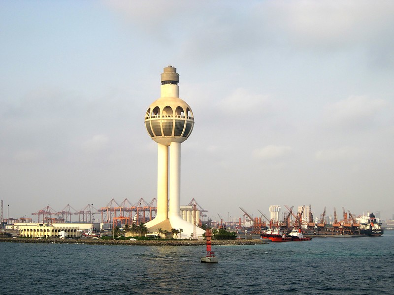 Jeddah lighthouse and Port Control tower
Claimed to be tallest lighthouse in the world
Light in the water is ex-E6055.4, Group flashing, 2 flashes per 6s, 0-360 red, Intens 75?-105?. Ra refl
Author of the photo: [url=http://forum.shipspotting.com/index.php?action=profile;u=69850]Drago Krivokapic[/url]
Keywords: Jeddah;Saudi Arabia;Vessel Traffic Service;Red sea