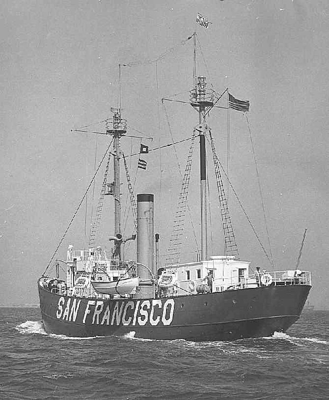 United State Lightship 83 (LV 83 / WAL 508)
Photo from [url=http://www.uscg.mil/history/weblightships/Lightship_Photo_Index.asp]US Coast Guard site[/url]
SAN FRANCISCO Lightship No. 83, 24 August, 1947, On trial trip after machinery overhaul, installation [of] new decks (caulked with Minnesota Mining & Mfg. Co. No. EC-754), duplex lanterns, cargo hatch and davits.  Cargo ports permanently closed off."  Photo No. 9244711; 24 August 1947; photographer unknown.
Keywords: California;Lightship;Pacific ocean;Historic