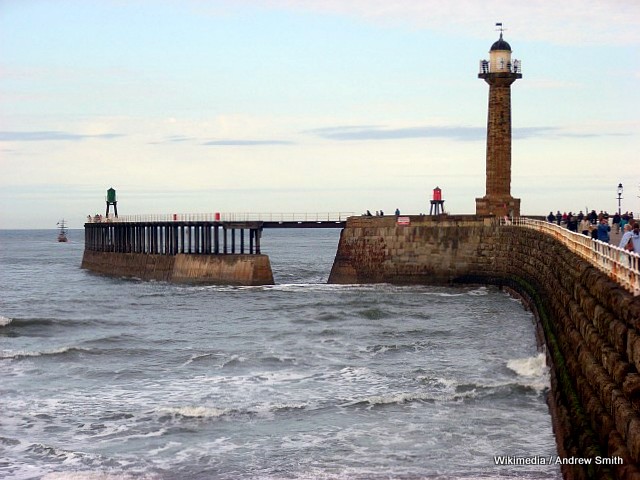 Whitby / West Pier Lighthouse
Stone tower: Whitby West Pier old lighthouse 
Left sceletal tower with lantern: Whitby West Pier light
Right sceletal tower with lantern: Whitby East Pier light
Keywords: Scarborough;England;North sea