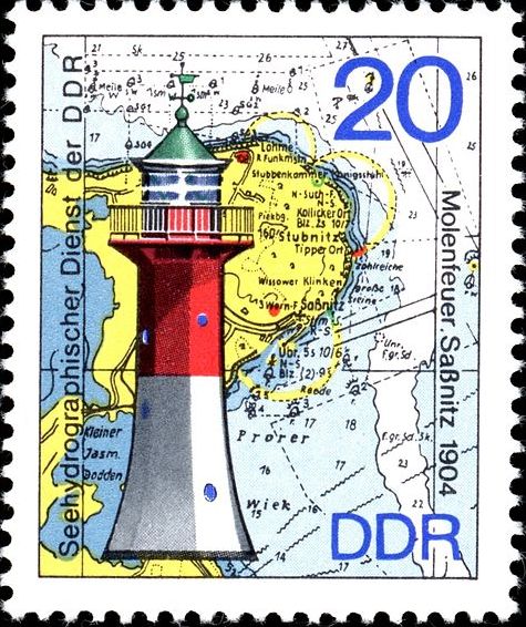 DDR / Sa?nitz Ostmole Lighthouse
Lanternhead green, but tower red on this picture. 
Keywords: Stamp